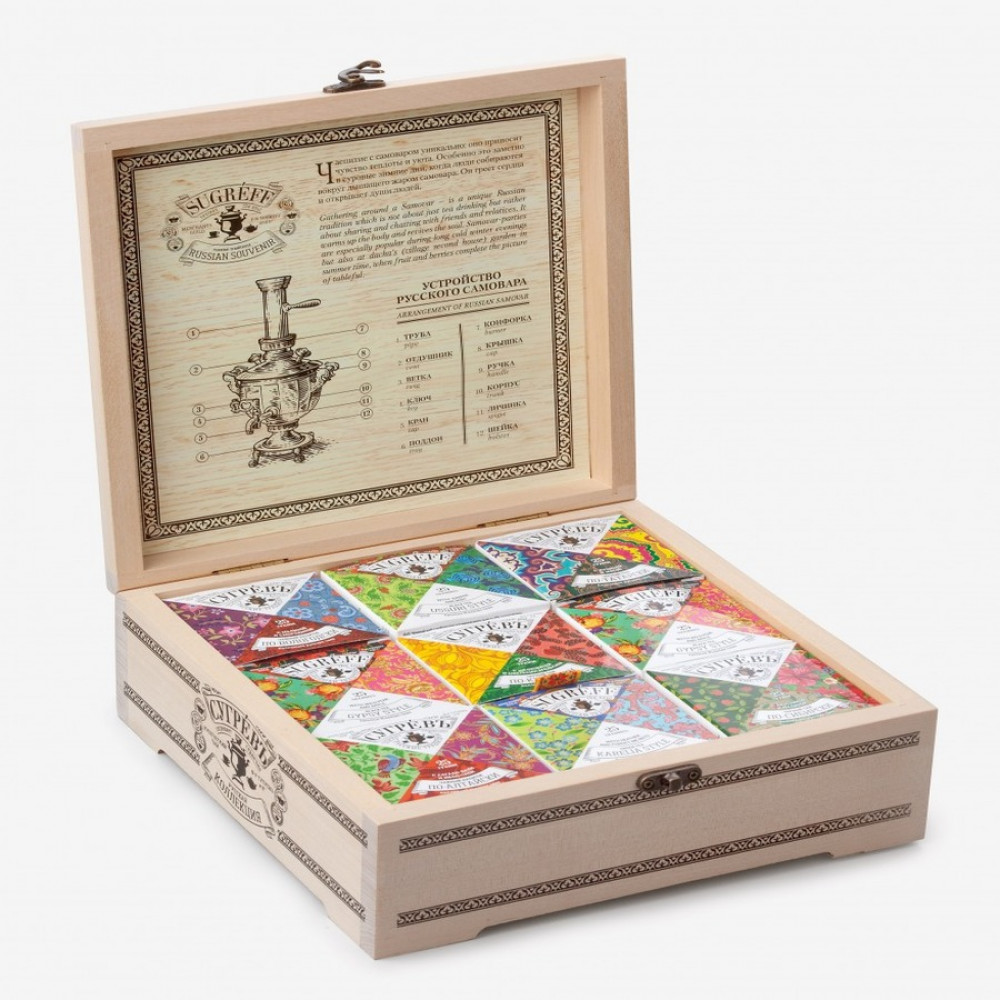 Подарочный набор с логотипом Сугревъ в деревянной коробке, коллекция из 9 чаёв