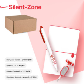 Набор подарочный SILENT-ZONE: бизнес-блокнот, ручка, наушники, коробка, стружка, бело-красный Набор подарочный SILENT-ZONE: бизнес-блокнот, ручка, наушники, коробка, стружка, бело-красный