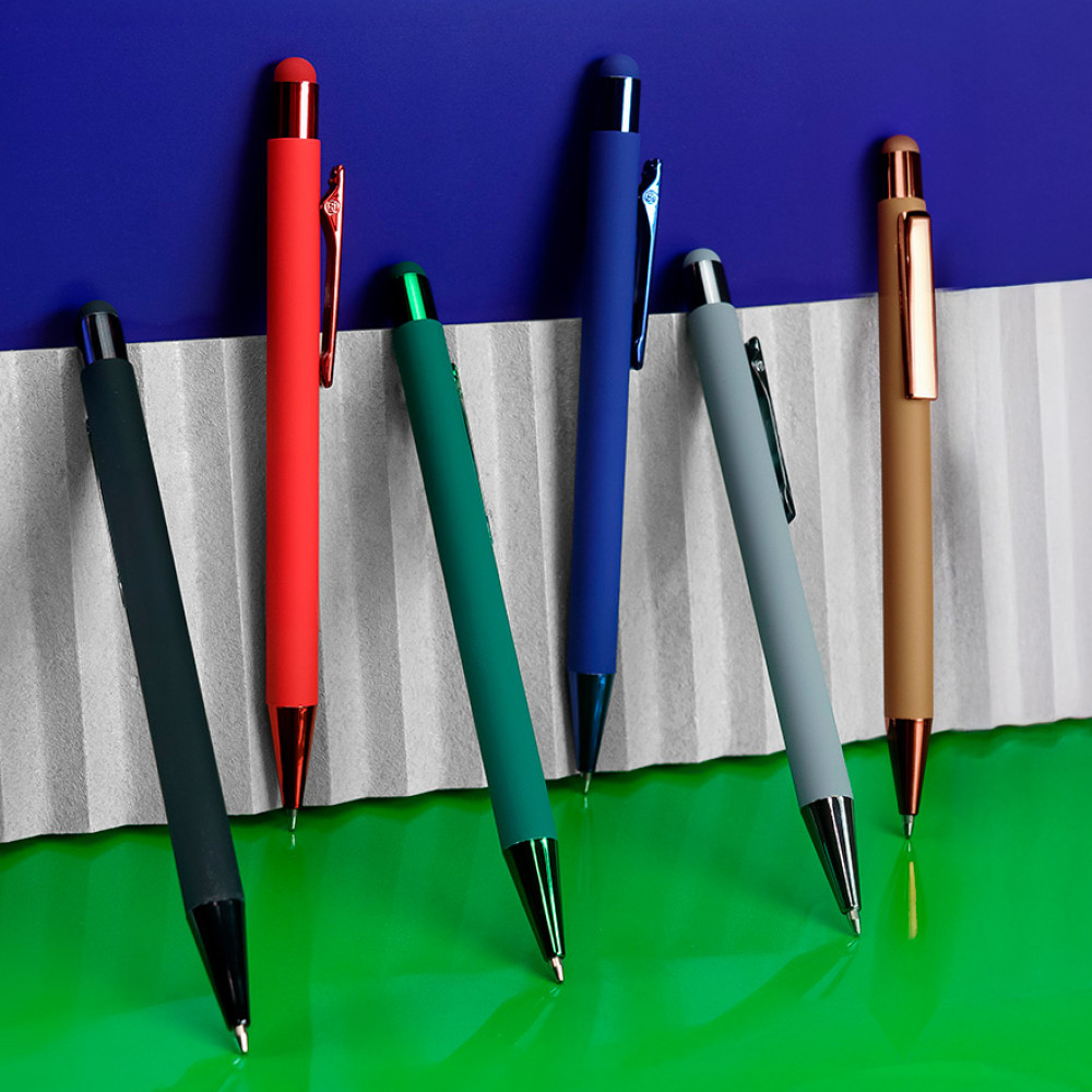 Ручка шариковая FACTOR COLOR со стилусом, серый, металл, пластик, софт-покрытие