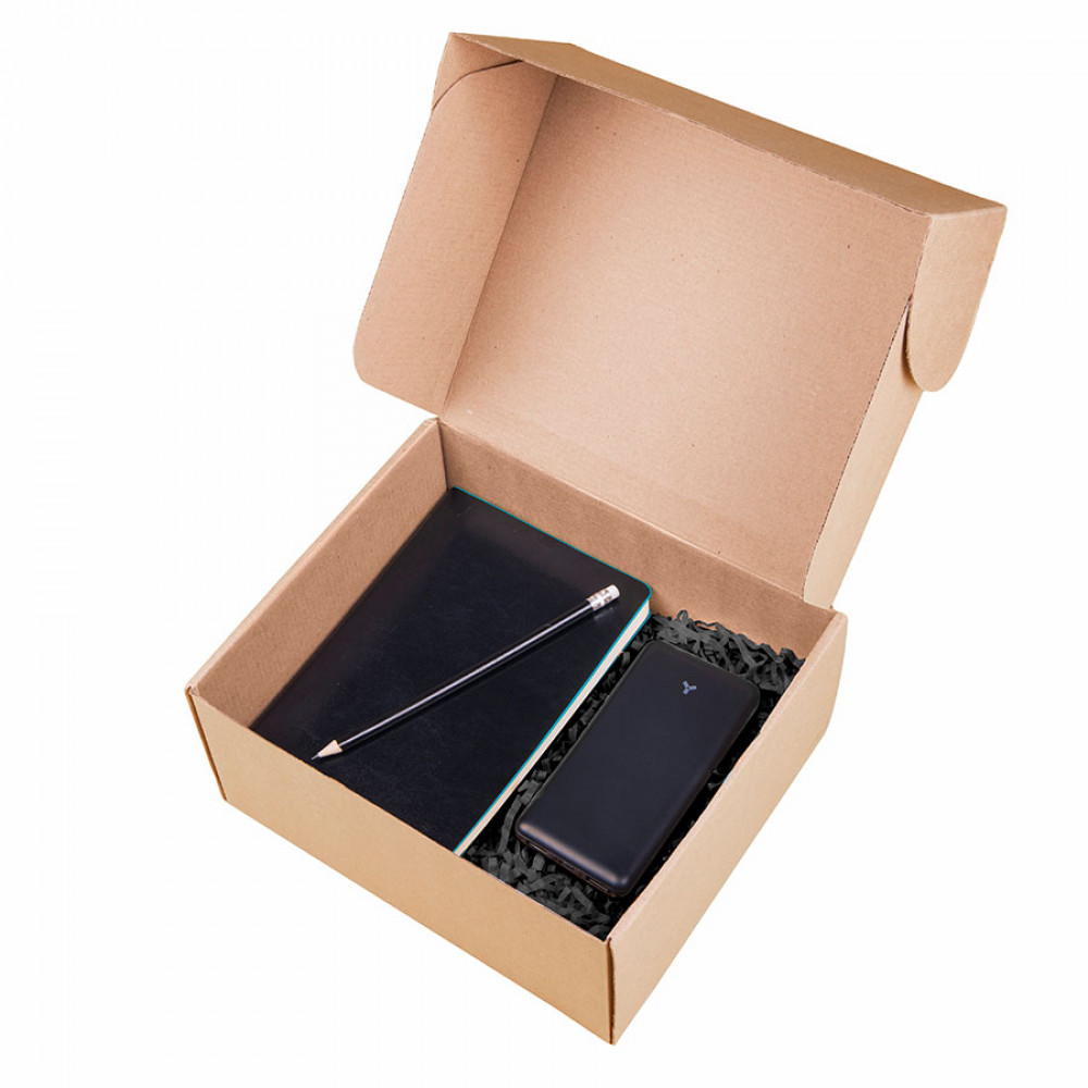 Подарочный набор TOTAL: бизнес-блокнот, карандаш, зарядное устройство, коробка, стружка черно-голубо