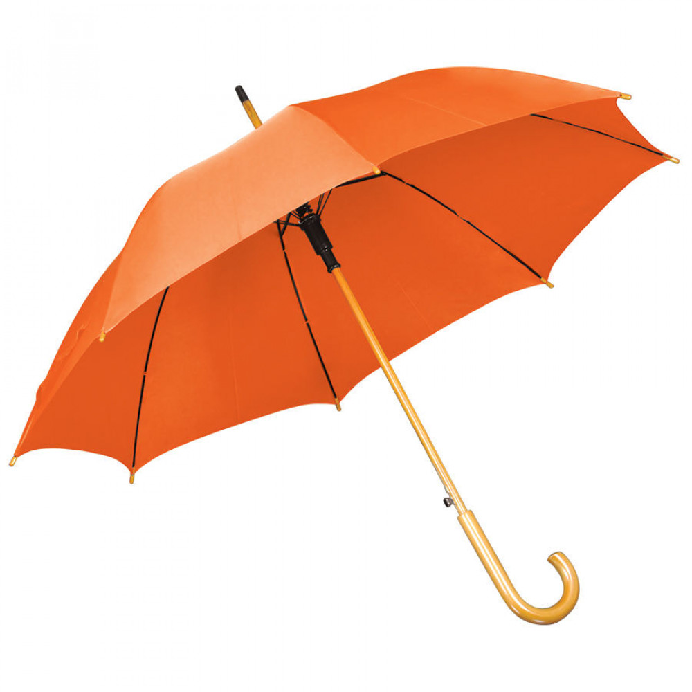 Зонт-трость с деревянной ручкой, полуавтомат, цвет оранжевый