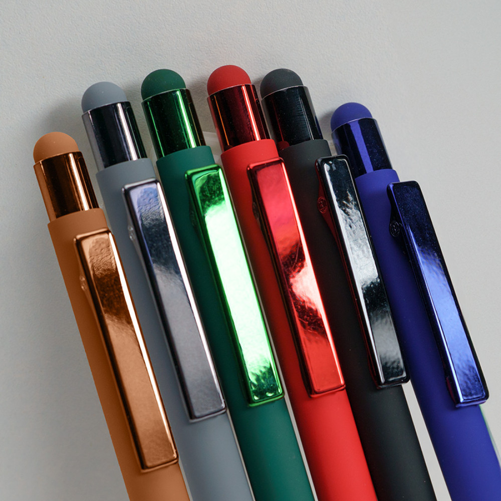 Ручка шариковая FACTOR COLOR со стилусом, серый, металл, пластик, софт-покрытие