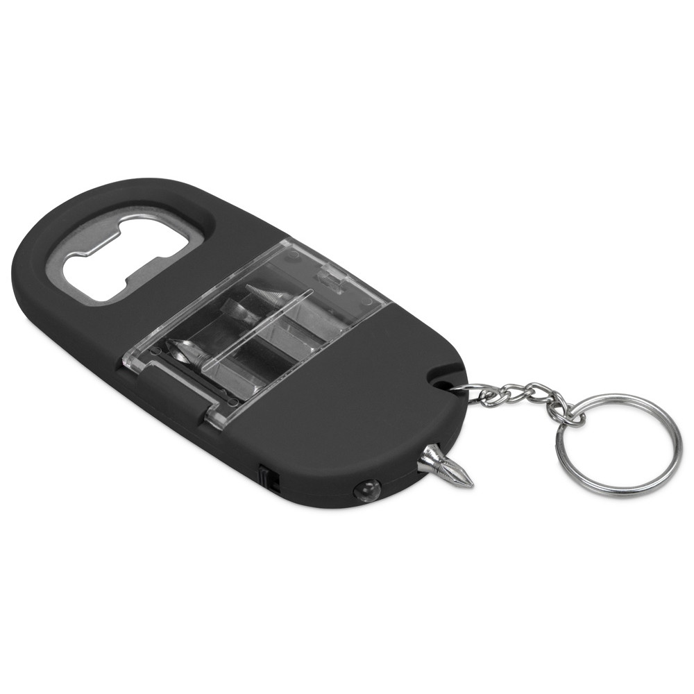 Брелок-открывалка с отвертками и фонариком Uni, софт-тач, черный
