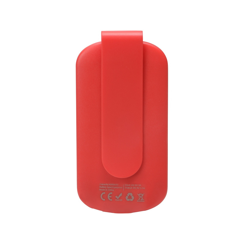 Портативное зарядное устройство Pin на 4000 mAh с большой площадью нанесения и клипом для крепления к одежде или сумке, красный
