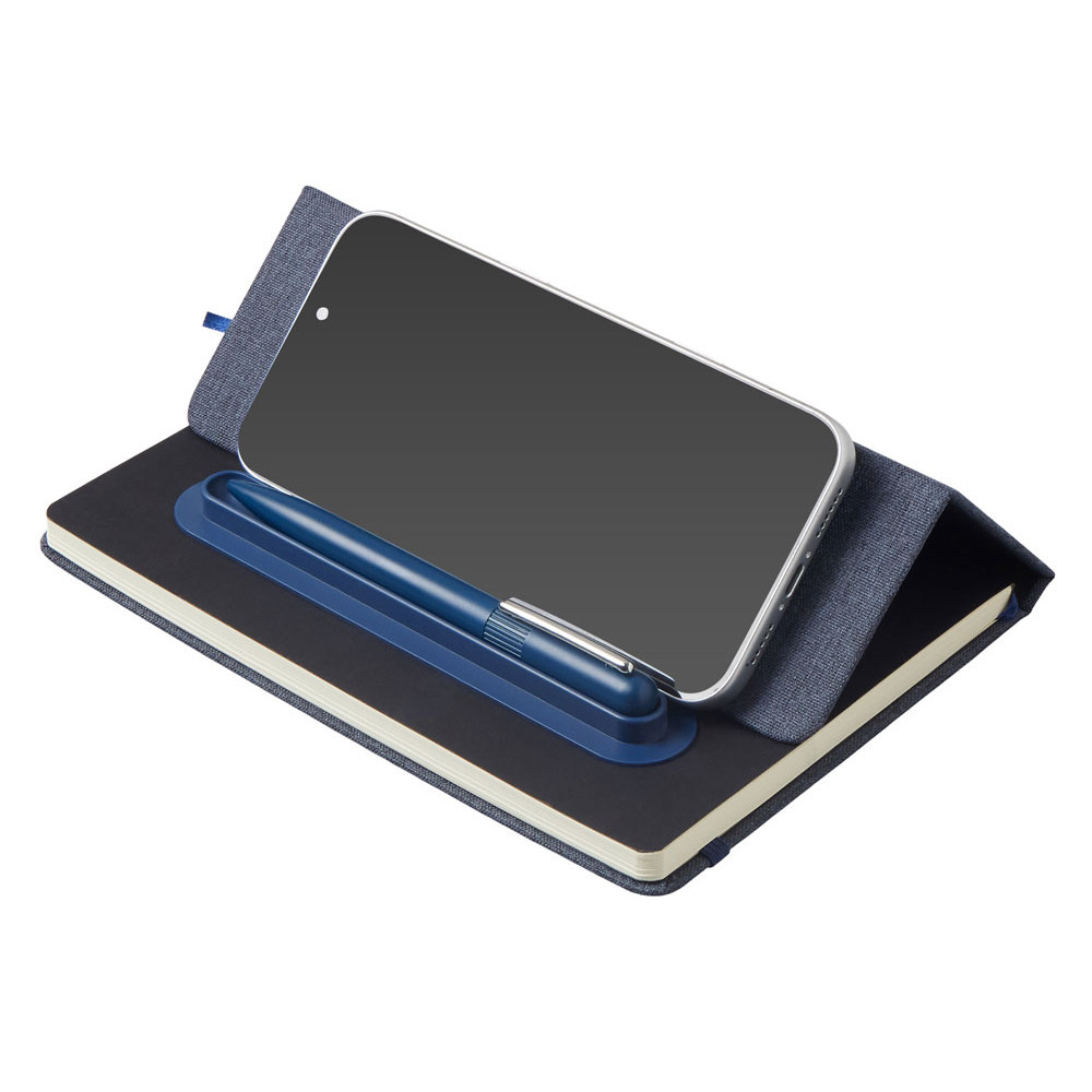 Набор блокнот А5 с магнитным держателем для ручки и подставкой для телефона и металлической шариковой ручкой NotaBene, темно-синий