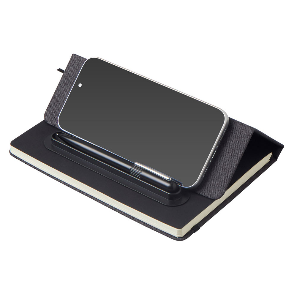 Набор блокнот А5 с магнитным держателем для ручки и подставкой для телефона и металлической шариковой ручкой NotaBene, черный